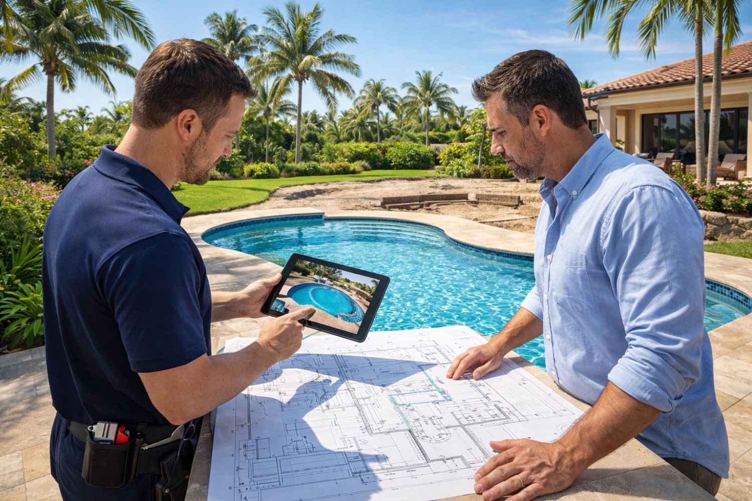 Pool designer reviewing custom pool Palm Beach Gardens backyard