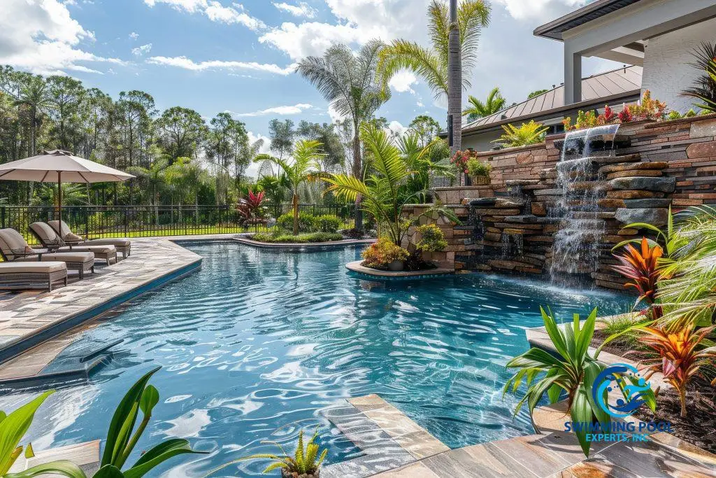 Swimming Pool Experts, Inc. | Stunning outdoor swimming pool with waterfall and water features, blue tiled pool beside a patio with an umbrella, surrounded by lush greenery and stone pavers.