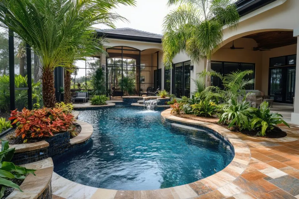 Luxurious florida pool with waterfall and tropical plants surrounding a beautiful home