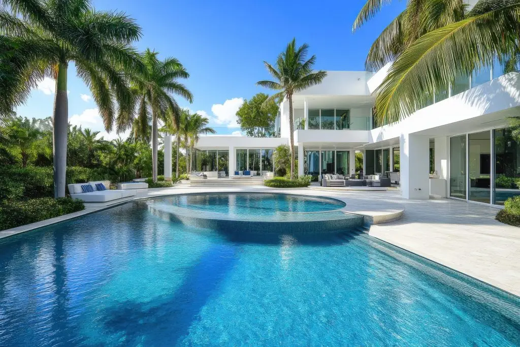 custom built pool with elegant design and surrounding landscape