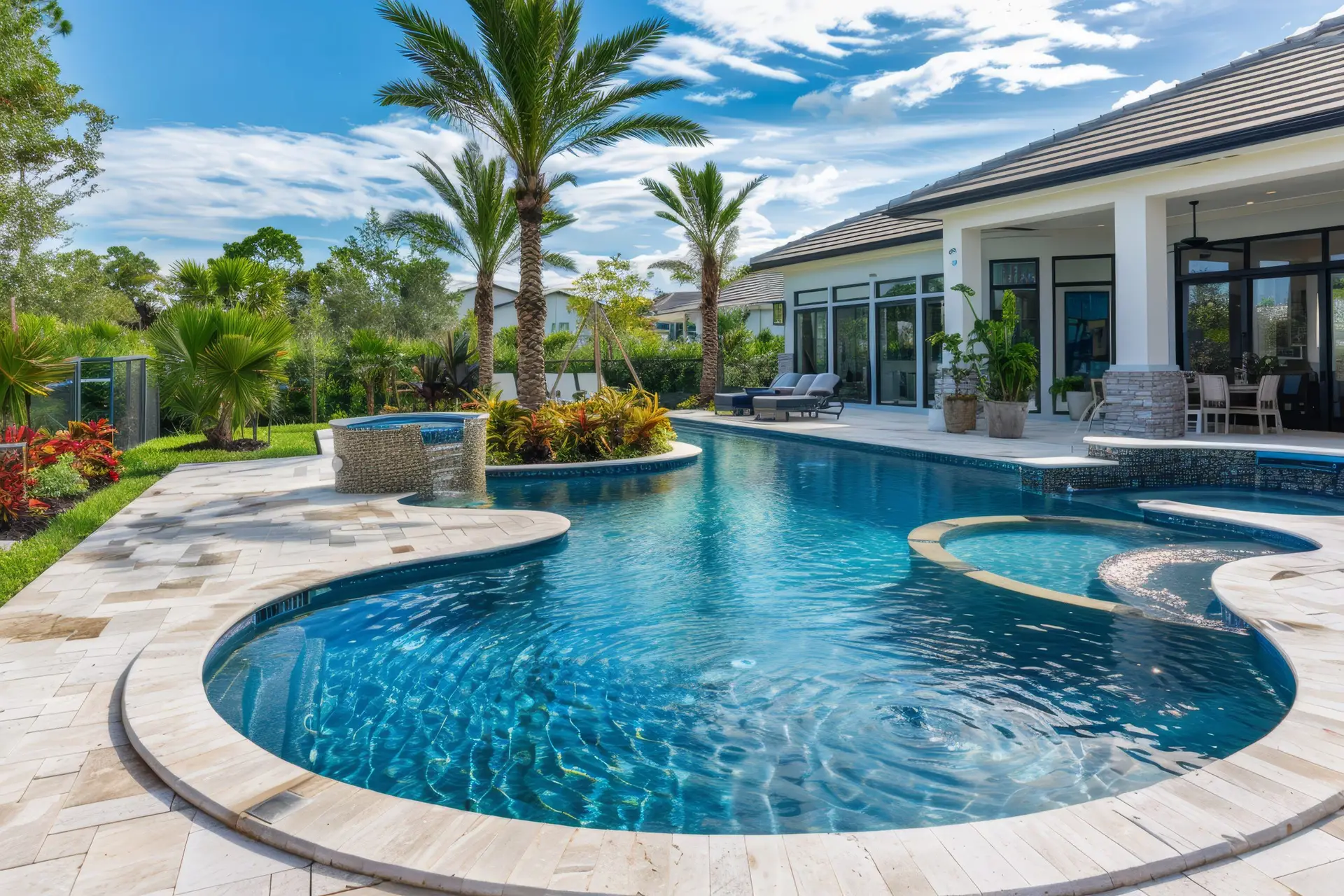 This lavish home boasts an indoor swimming pool with a relaxing lounge area, framed by tall windows that showcase a dense forest backdrop..