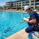 Professional commercial pool technician performing maintenance on a large pool