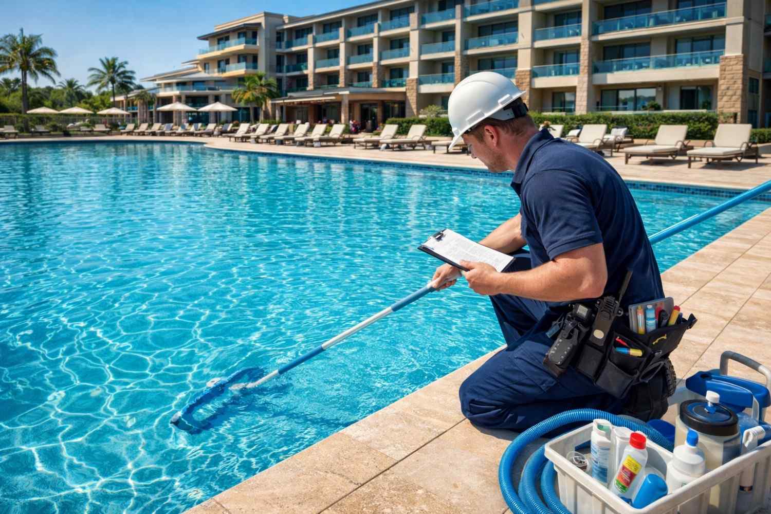Professional commercial pool technician performing maintenance on a large pool