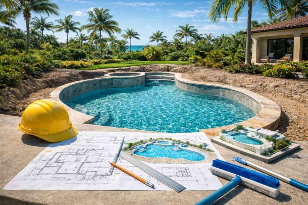 Custom pool design plans and construction site for a modern swimming pool in Boca Raton backyard