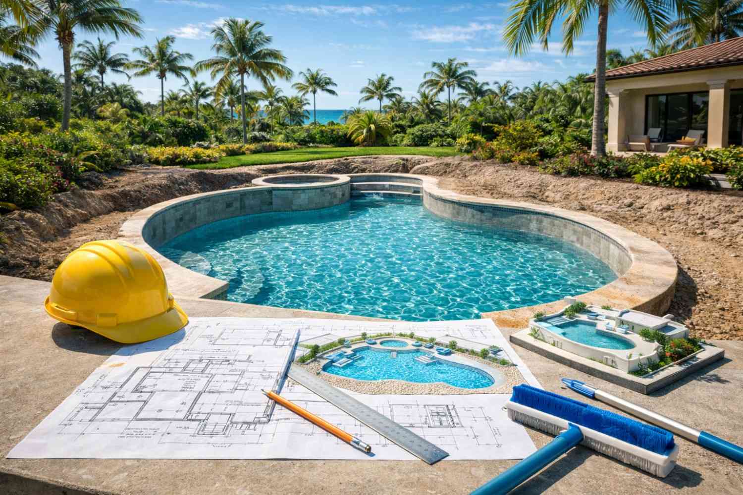 Custom pool design plans and construction site for a modern swimming pool in Boca Raton backyard