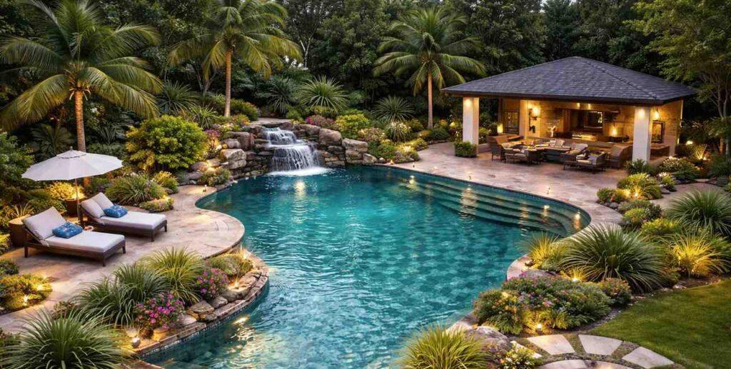 A custom pool image with beautiful landscaping around the pool