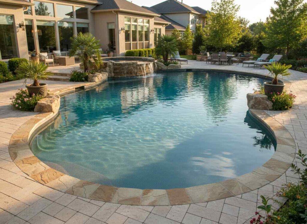 swimming pool with spacious patio area and modern landscaping