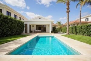 custom pool with modern architecture and outdoor living setup
