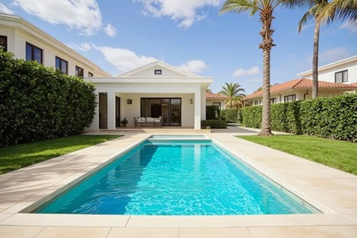 custom pool with modern architecture and outdoor living setup