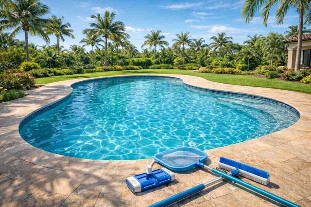 Custom pool in a Parkland backyard with maintenance tools and crystal clear water