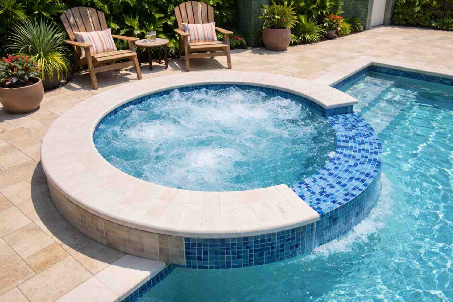 a circular swim spa with water spilling over