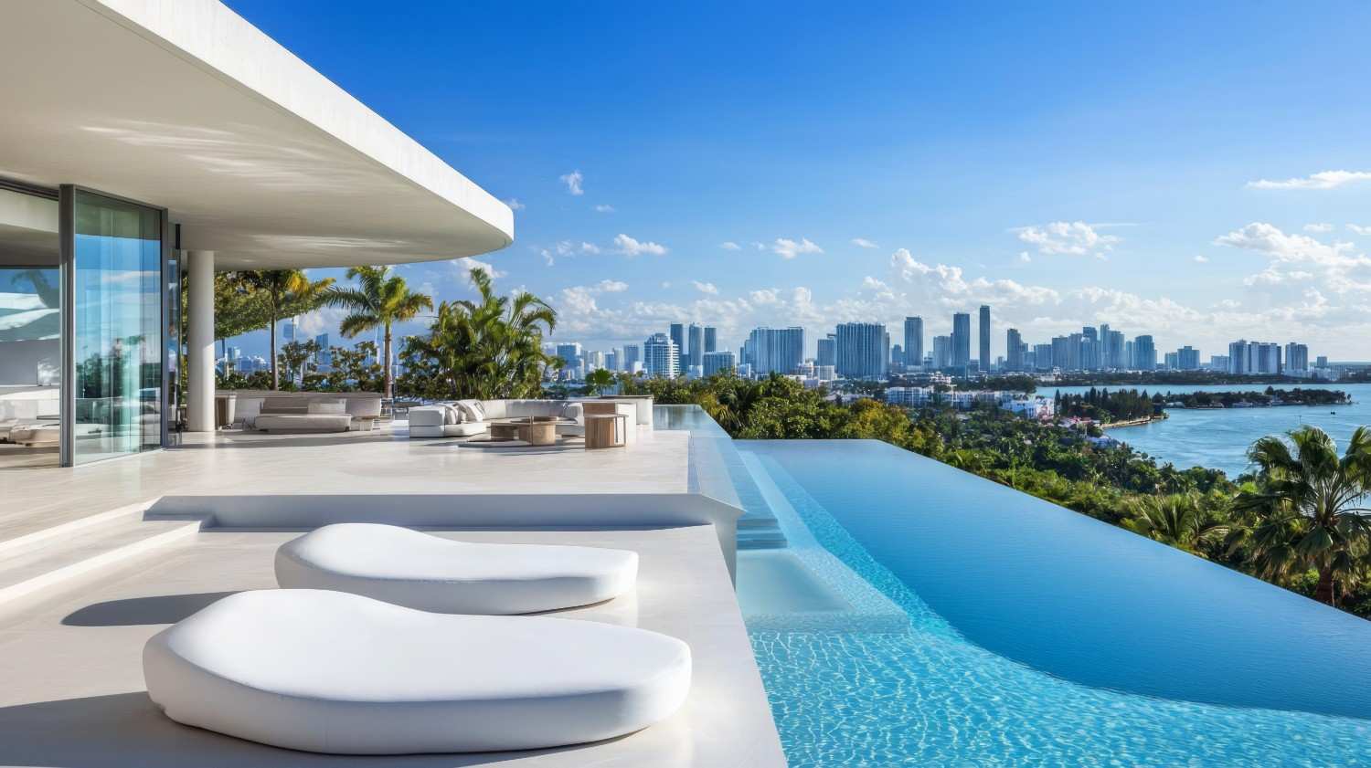 luxury infinity pool with city skyline view and modern outdoor seating area