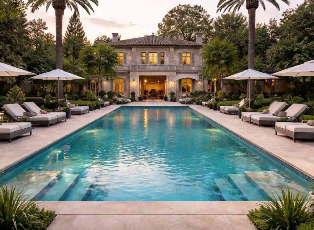 inground pool with premium finish and royal style house in the background
