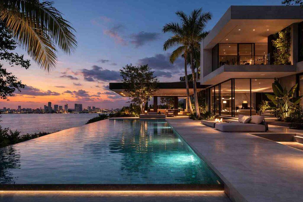 luxury infinity pool at sunset with waterfront view and modern villa setting