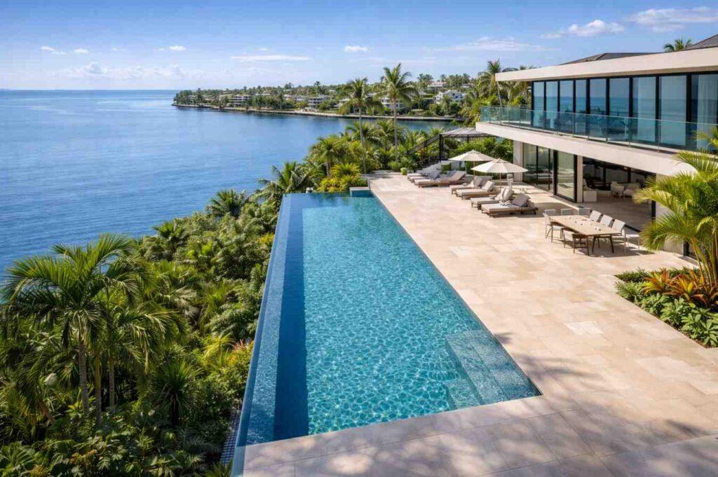 top view of infinity edge pool showcasing vanishing edge design and surrounding patio layout