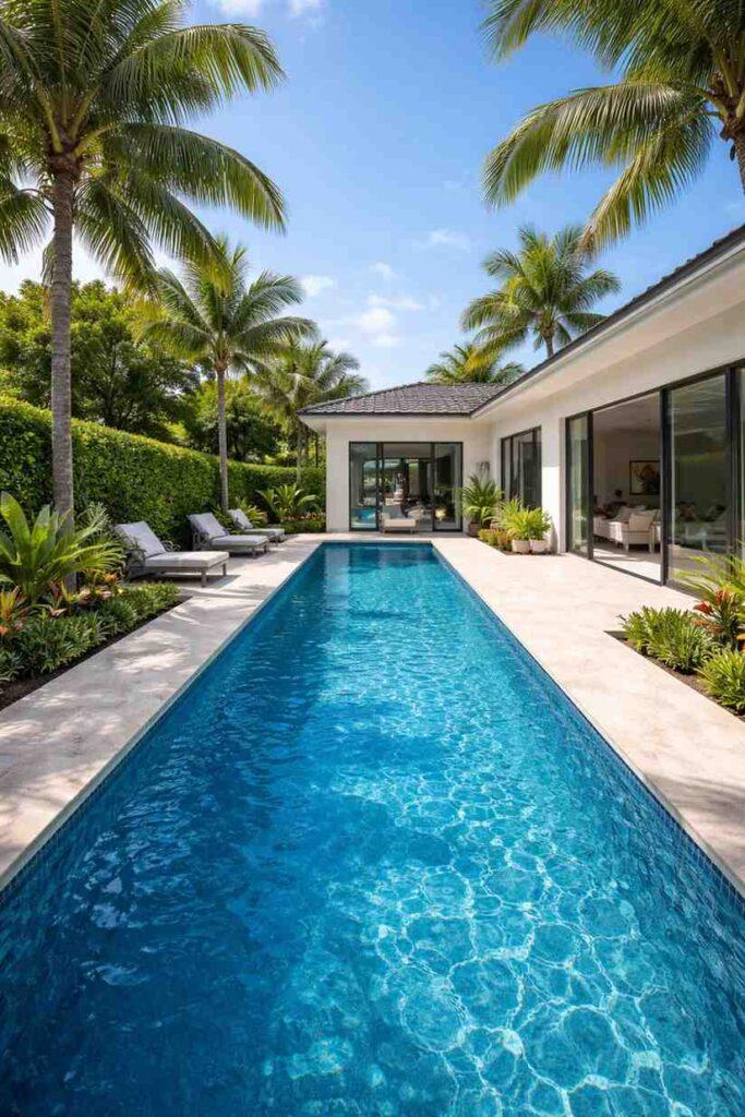 long lap pool in a backyard with beautiful surrounding