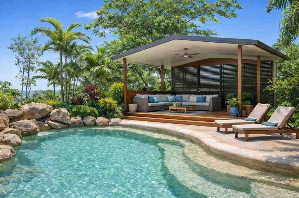 freeform pool with patio design and a shed house in the background