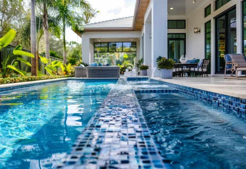 Elegant outdoor swimming pool with blue tiles and a water feature, surrounded by lush landscaping in a beautiful Florida home.