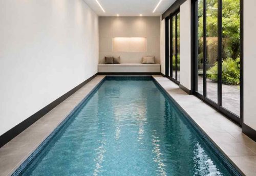 a compact indoor pool with windows on the right side