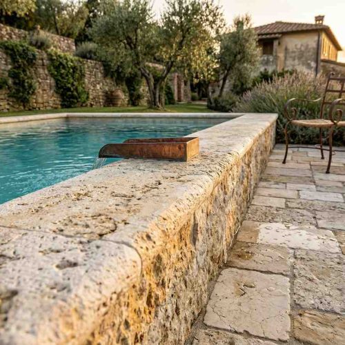 natural stone pool coping for a semi inground pool desingn