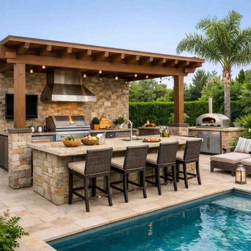 outdoor kitchen with countertop space and bar seating area for dining