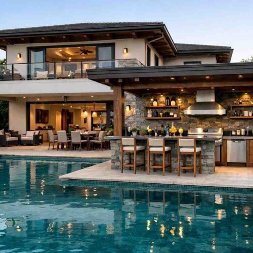 modern outdoor kitchen with clean design and backyard living space